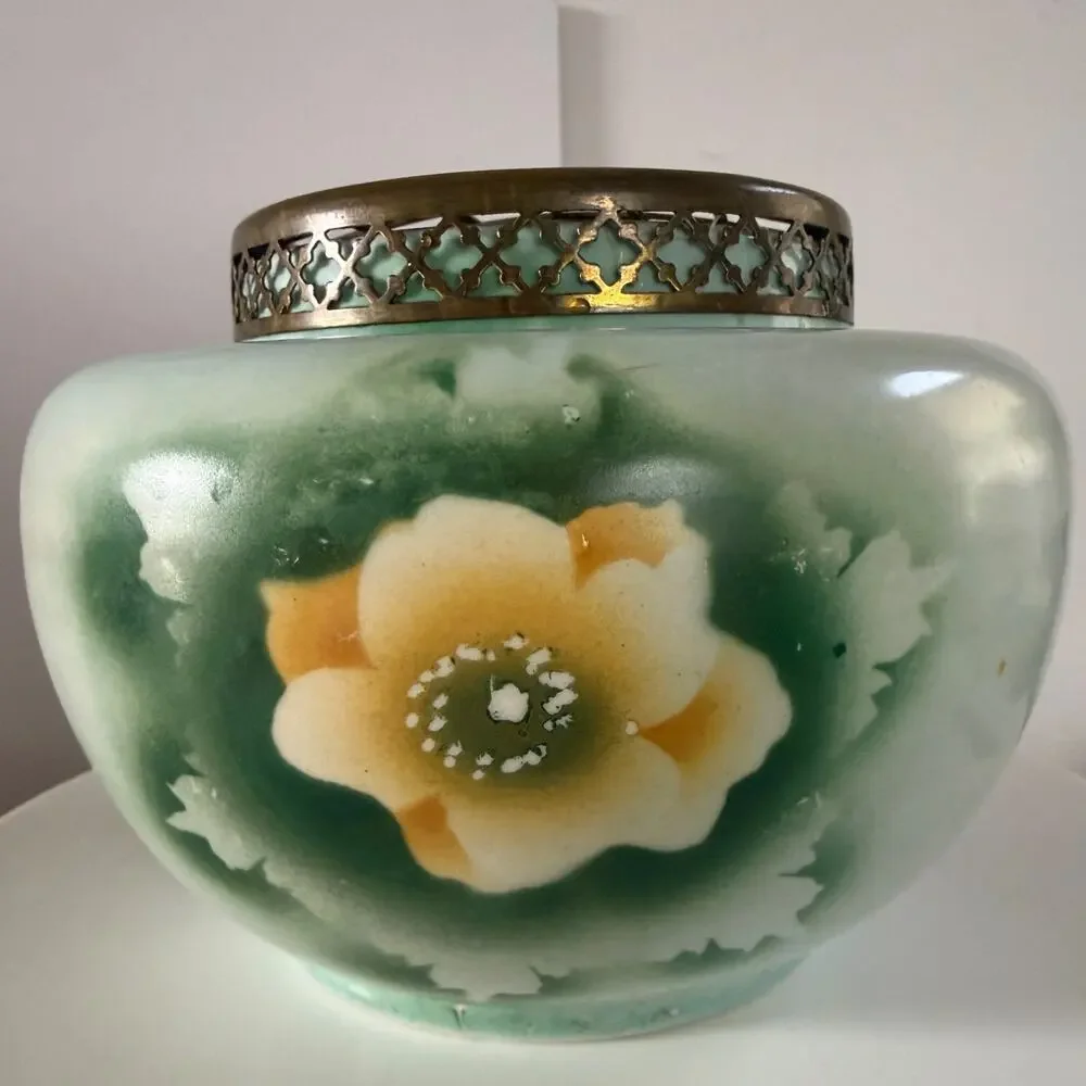 Antique English Fine Porcelain Rose Bowl Vase Wire Mesh Flower Frog Lid England
